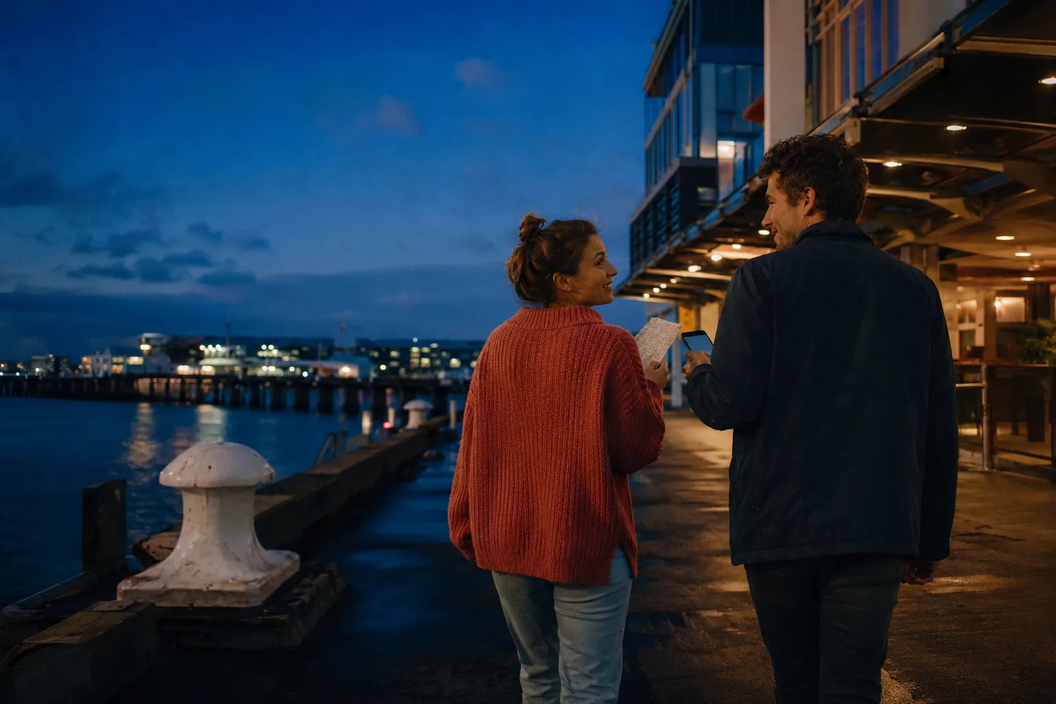 A couple following a clue beside Auckland's waterfront at twilight
